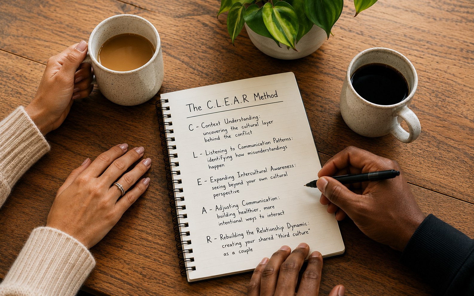 Couple's hands writing the C.L.E.A.R. Method steps together in a shared notebook