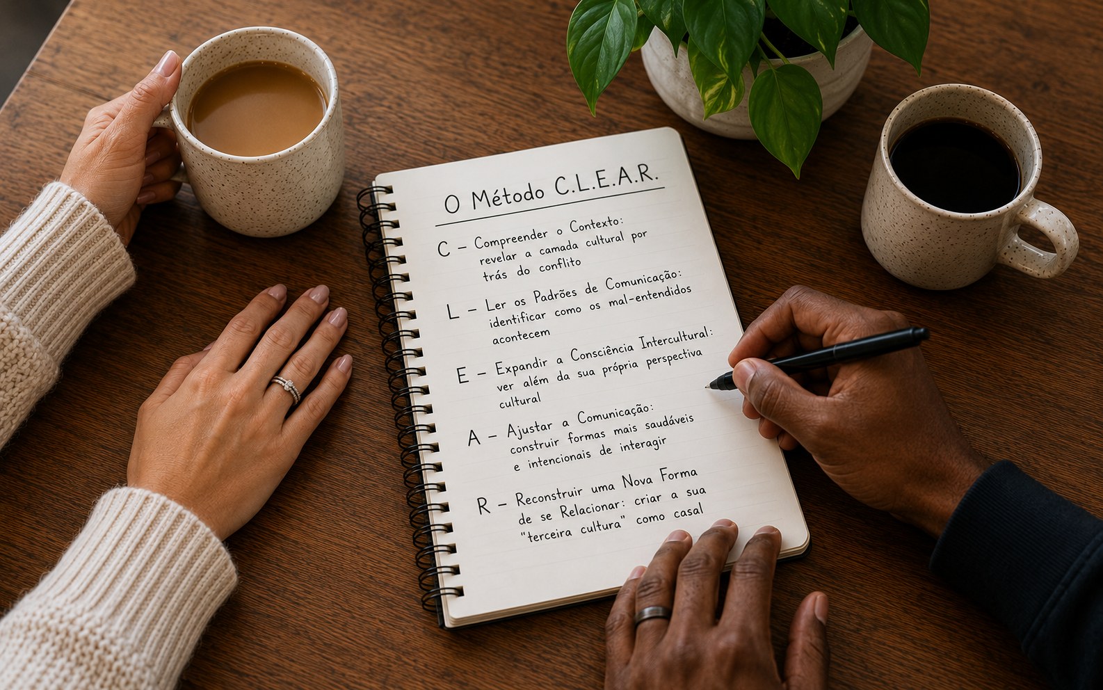 Mãos de um casal escrevendo juntos as etapas do Método C.L.E.A.R. em um caderno compartilhado